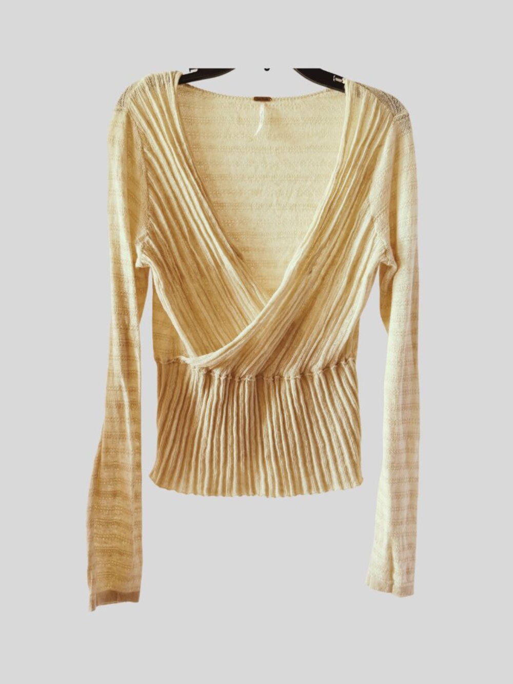 Vintage Free People Ivory Ribbed Wrap Sweater Large Boho Deep V Soft Knit Top